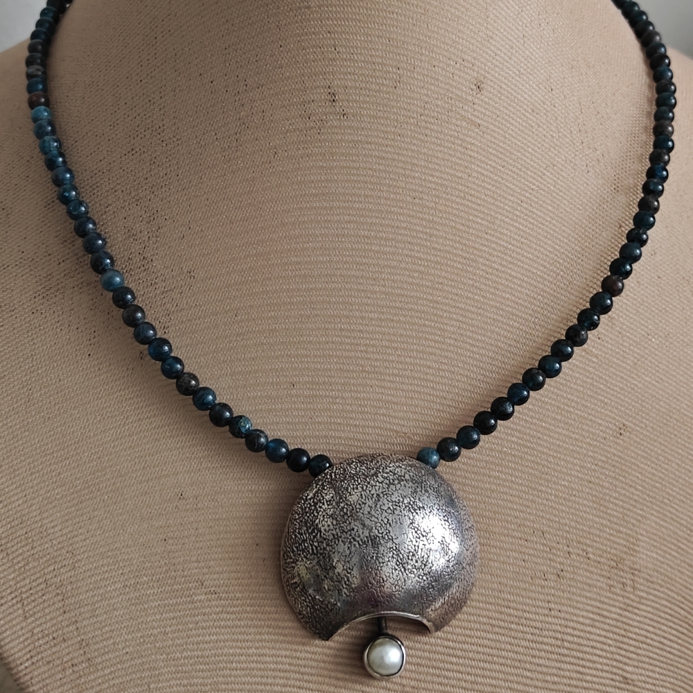 Modernist Sterling Silver and Genuine Apatite Beads Necklace Signed - Picture 8 of 15